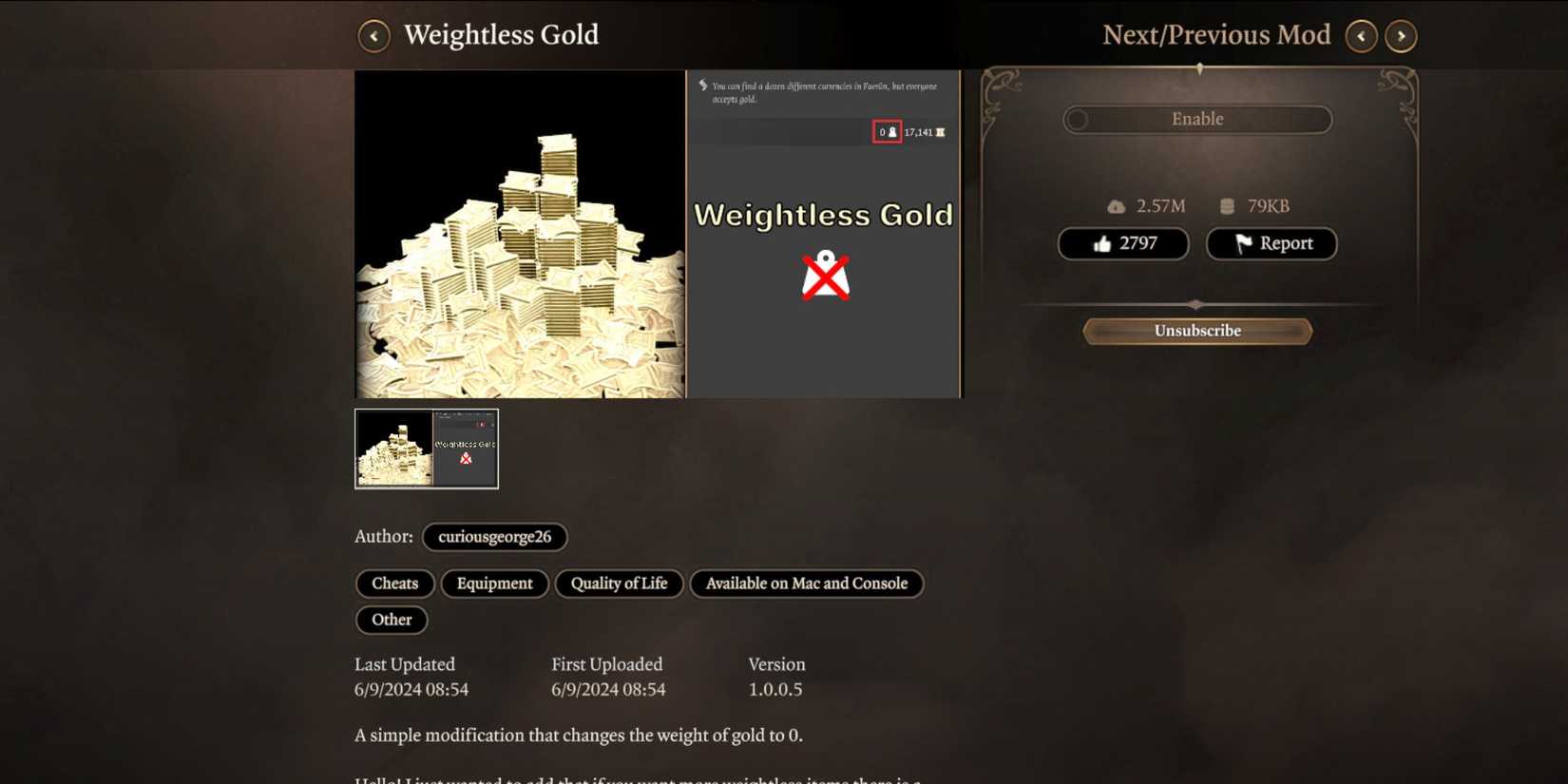 Baldur's Gate 3 Weightless Gold Mod In the Manager