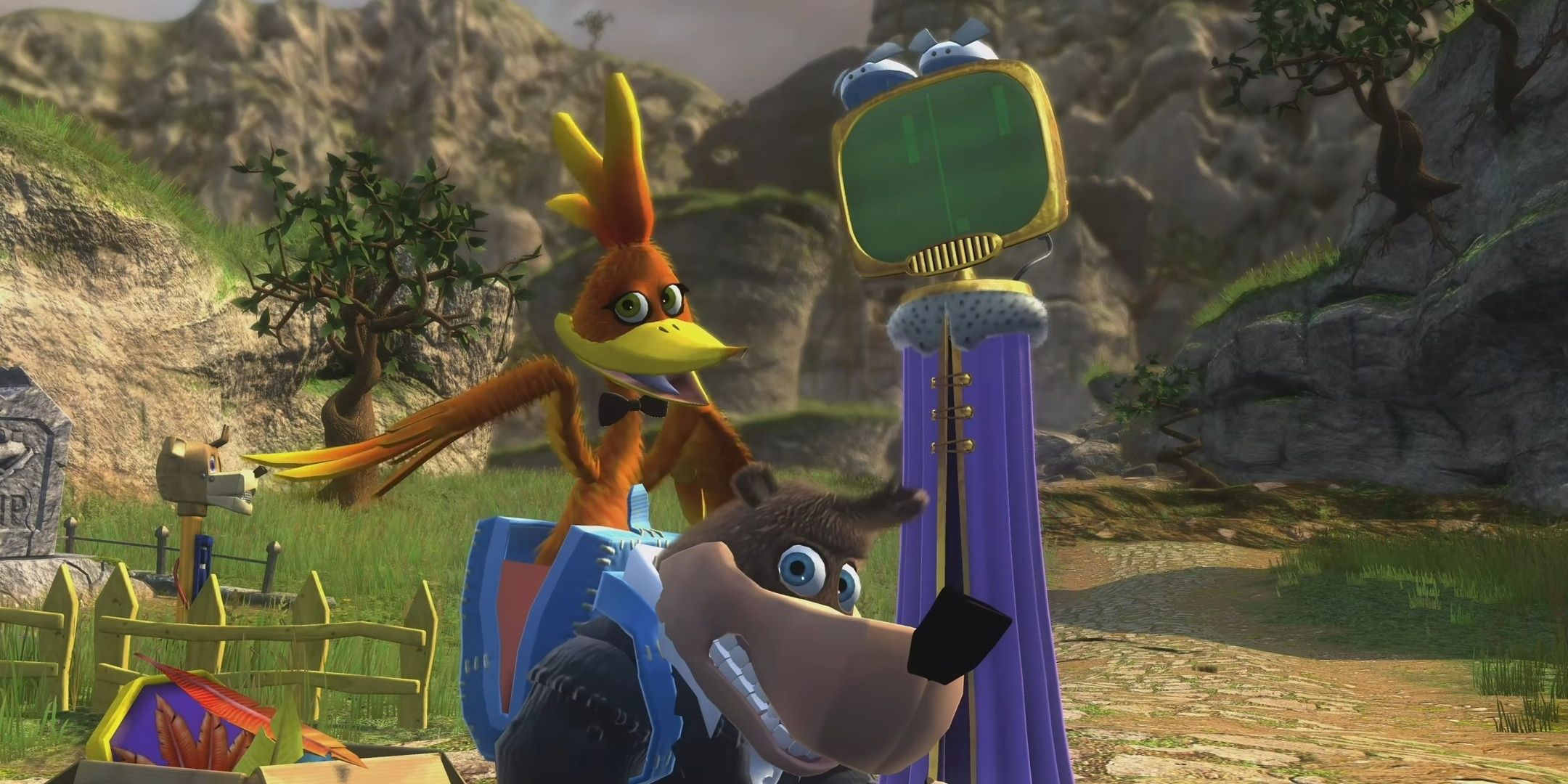 Banjo, Kazooie, and the Lord of Games from the ending of Banjo-Kazooie: Nuts & Bolts.