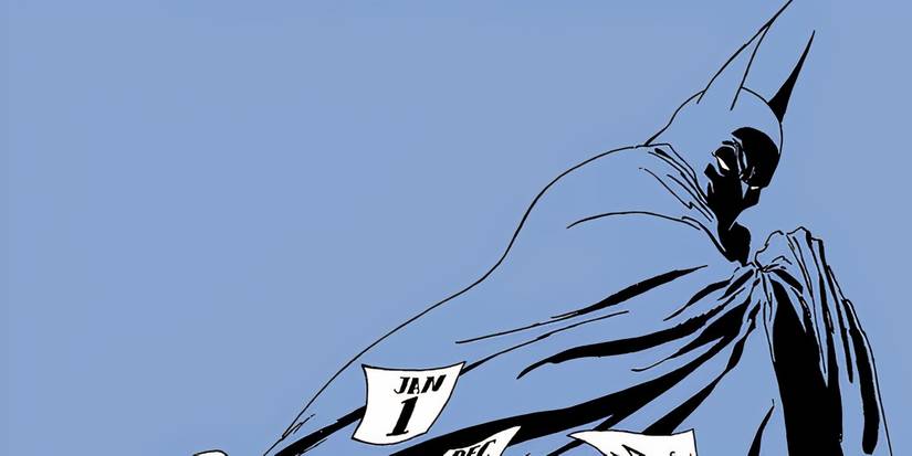Batman crouched next to pages of a calendar flying through the air.