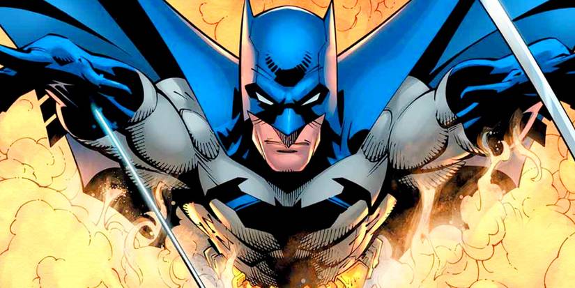 Batman is leaping through smoke in a comic