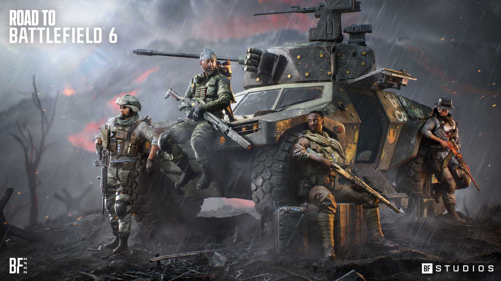 Battlefield 2042 Road to Battlefield 6 key art showing Specialists surrounding an armored car.