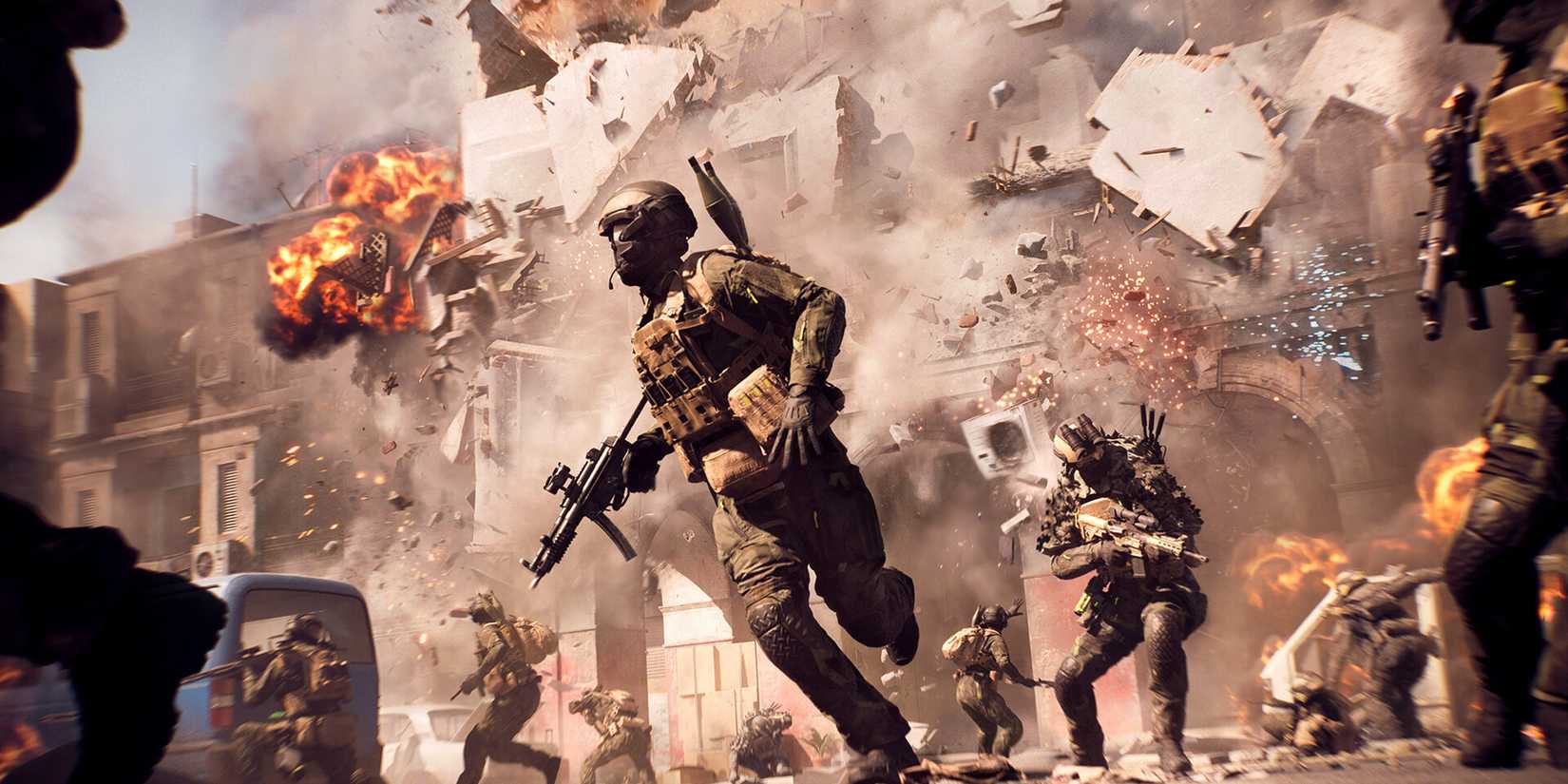 Soldiers running away from an exploding building in Battlefield 6.