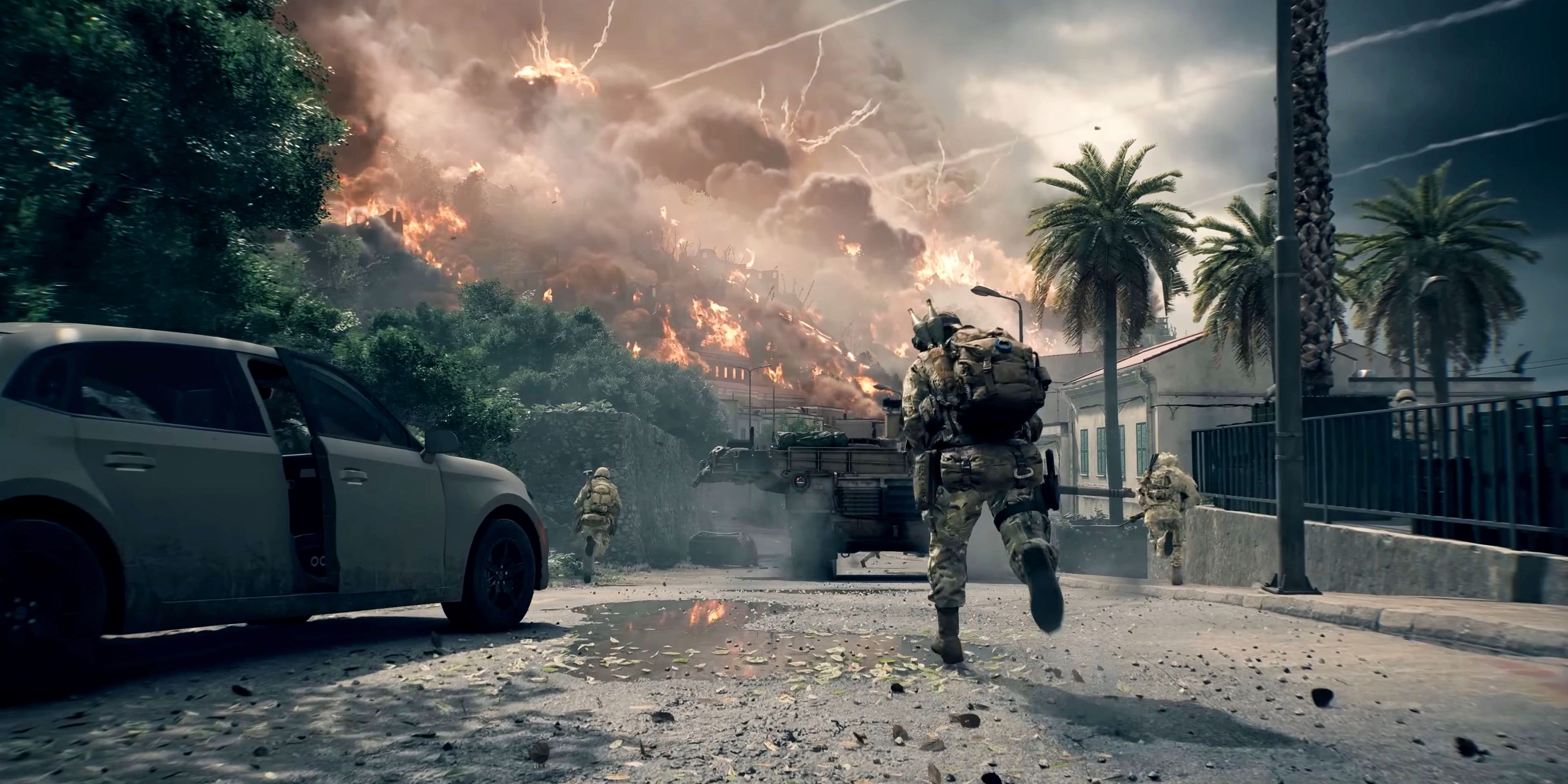 Battlefield 6 soldiers running down a street with explosions in the distance.