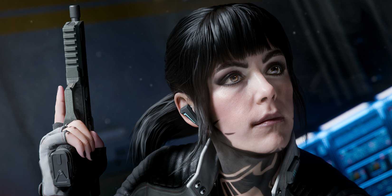 Black Ops 7 character holding a pistol upright.