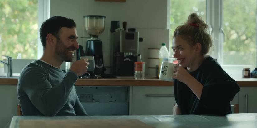 Brett Goldstein and Imogen Poots having coffee together in All of You