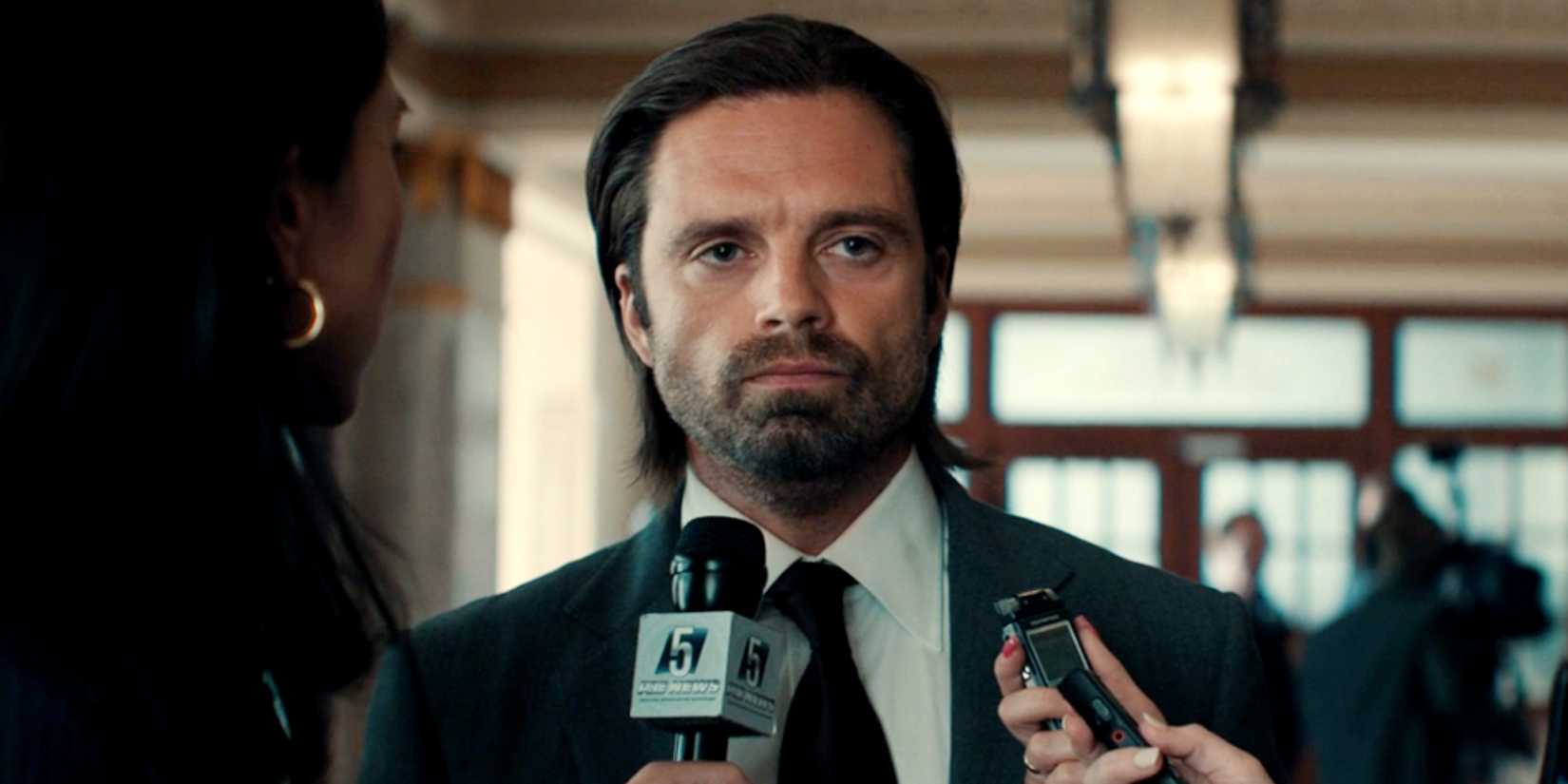 Bucky Barnes looks unimpressed while being interviewed as a Congressman in Thunderbolts