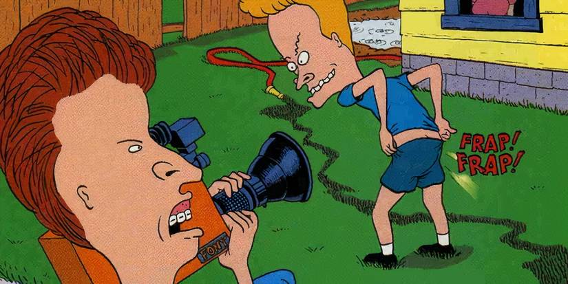 Butt-Head filming Beavis farting in a front yard.