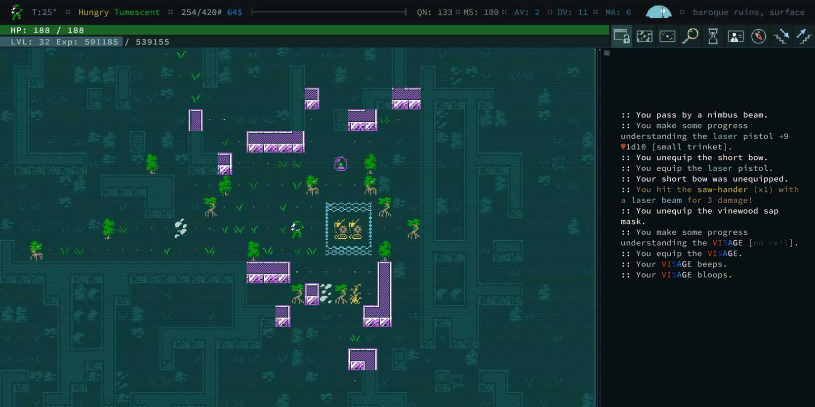 The player exploring in Caves of Qud.