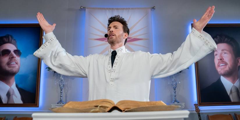 Chris Evans preaching with his hands raised in Honey Don't