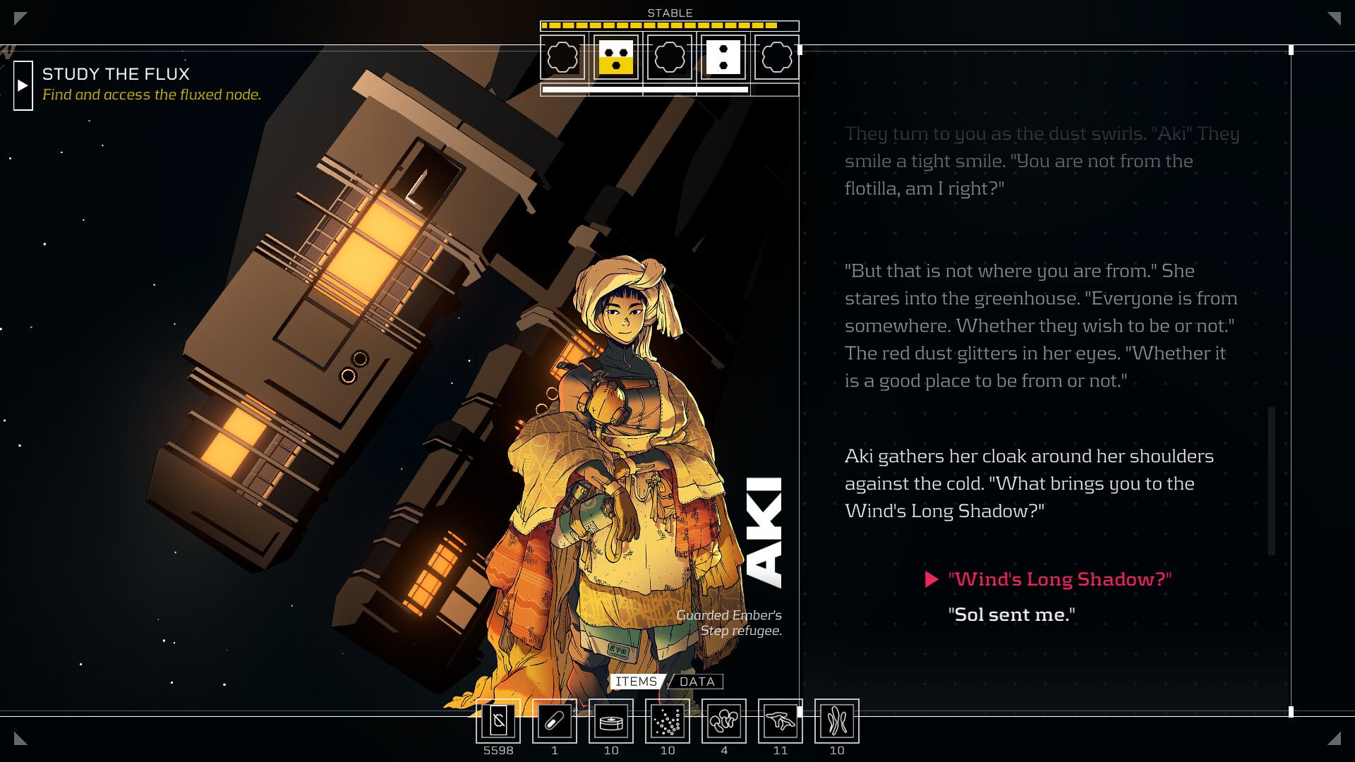 Citizen Sleeper screenshot of a long stretch of story text with a character portrait