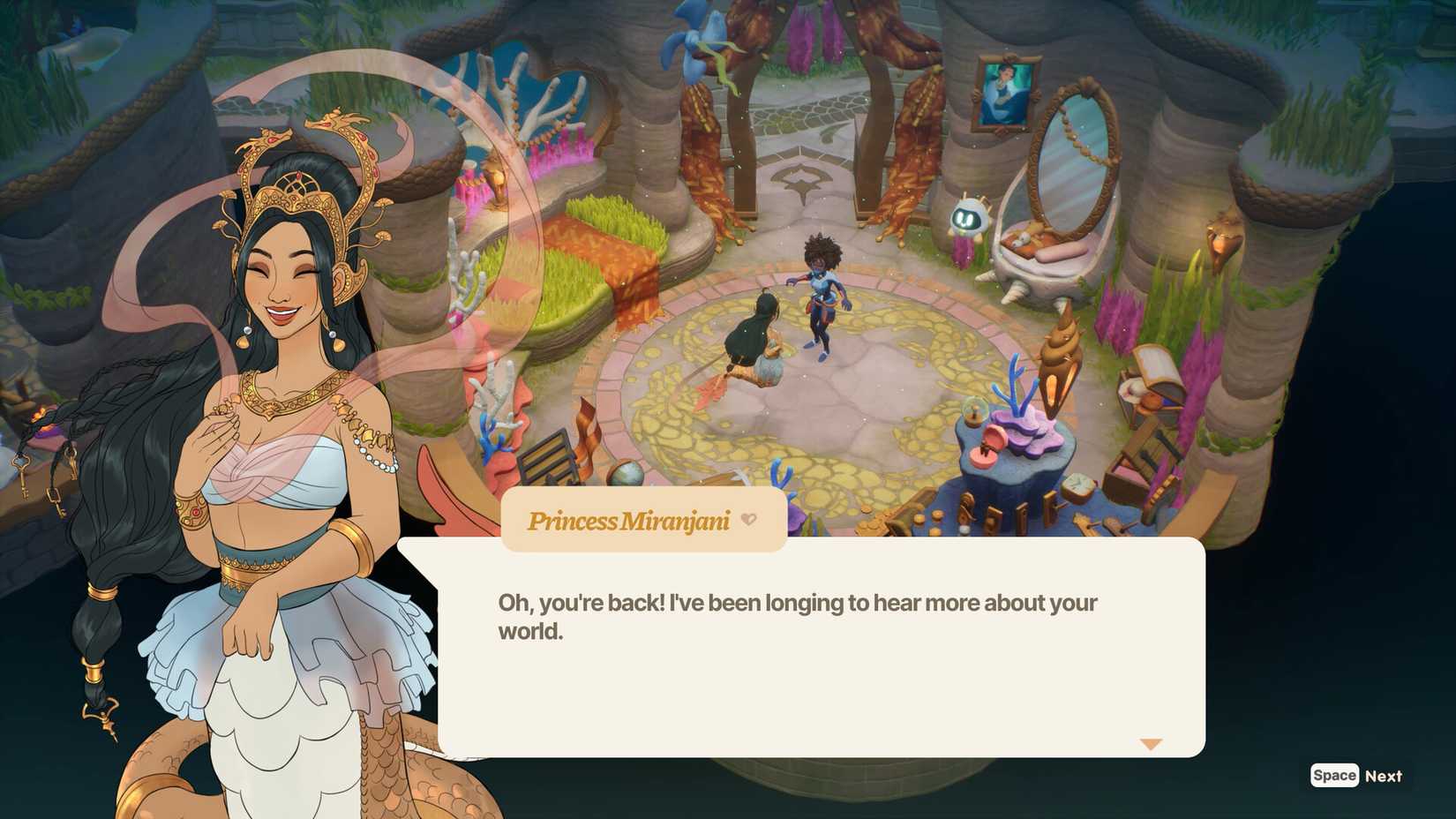 Coral Island screenshot of a princess speaking to the protagonist on a beach