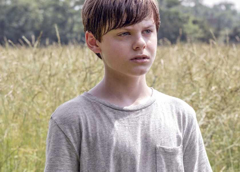 Creepy child stands in a field in Goodnight Mommy.