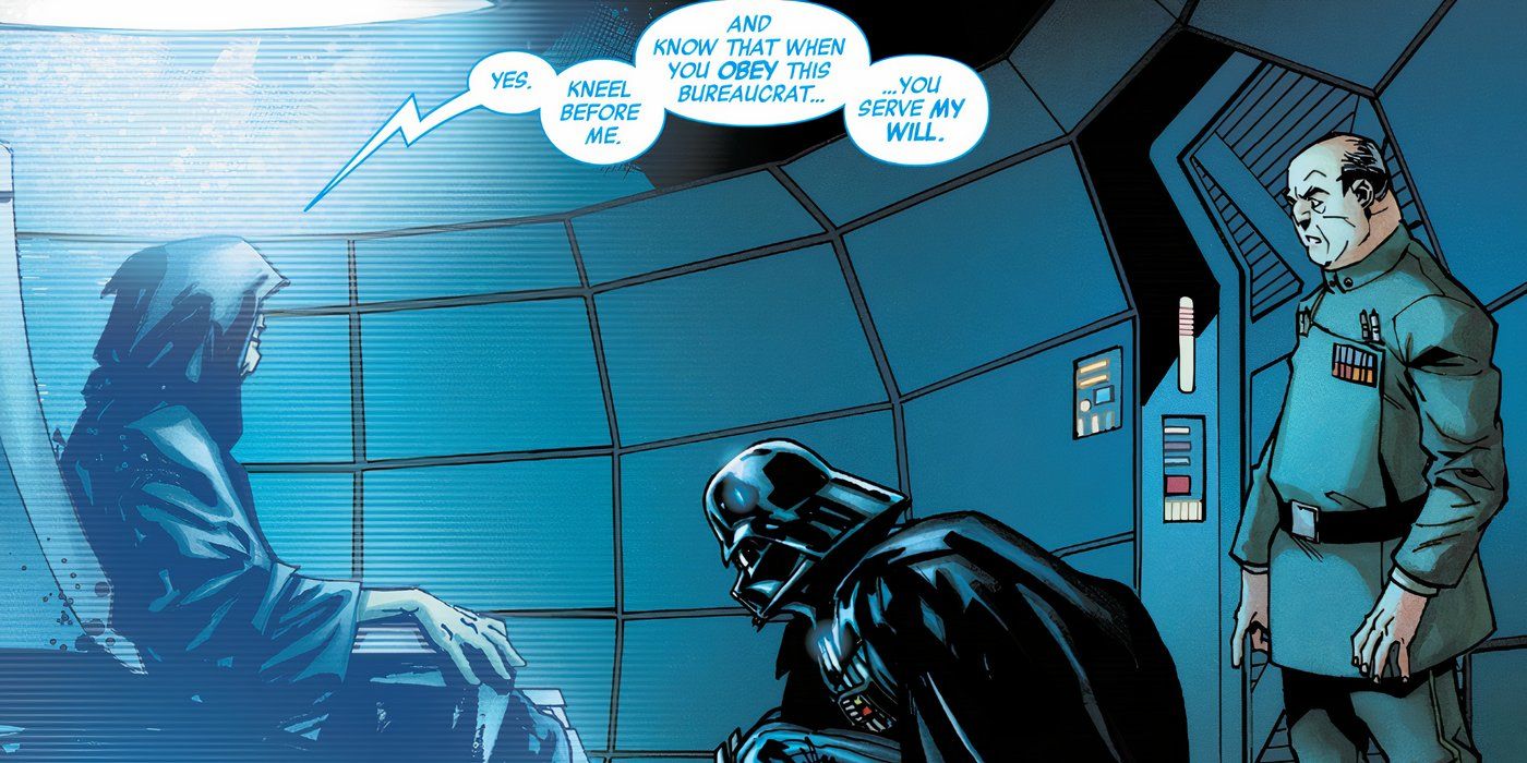 Darth Vader inginocchiato davanti all'Imperatore Palpatine con un ufficiale imperiale dietro