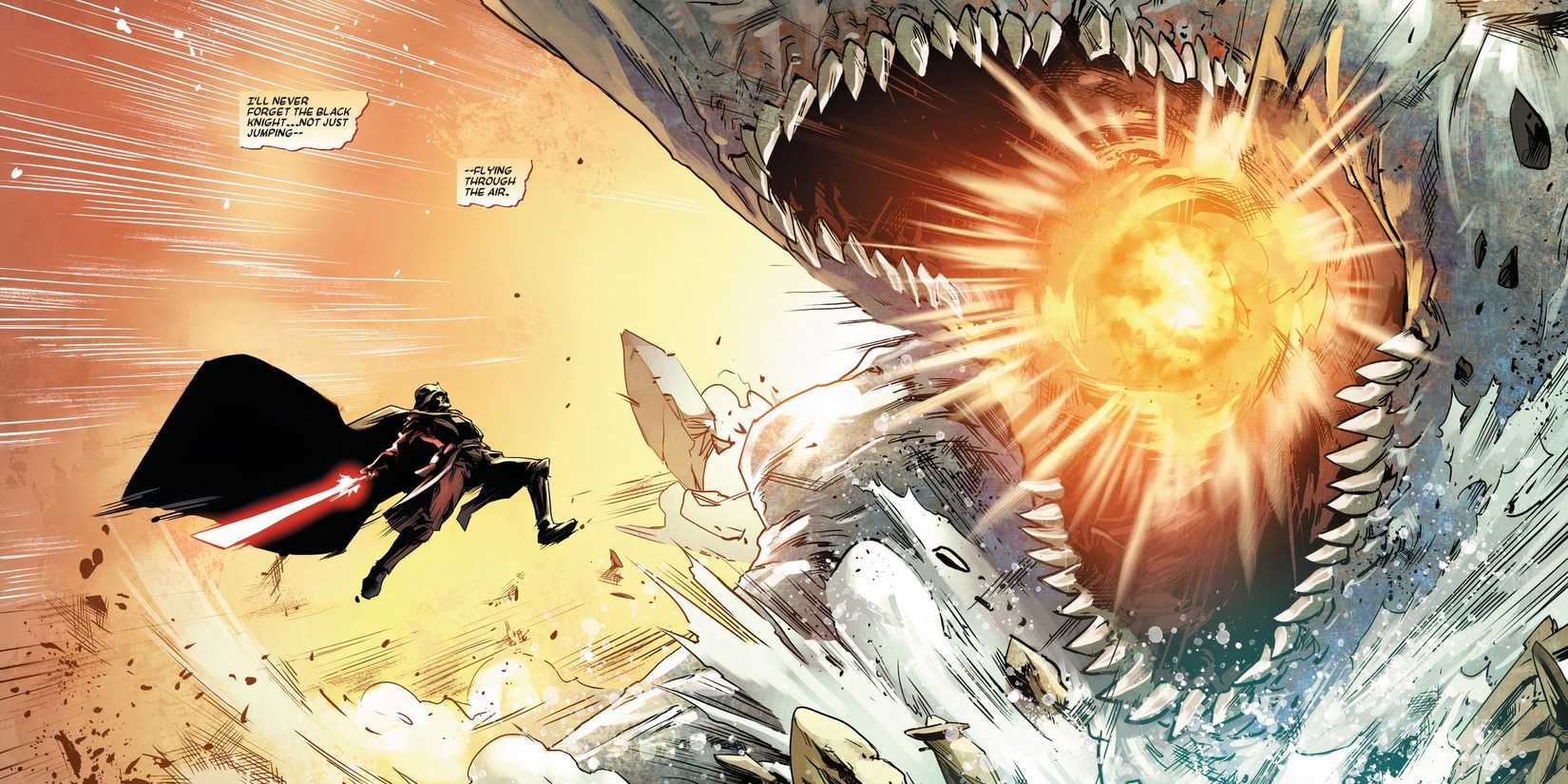 Darth Vader voando em direção a um dragão que respira fogo com seu sabre de luz desenhado.