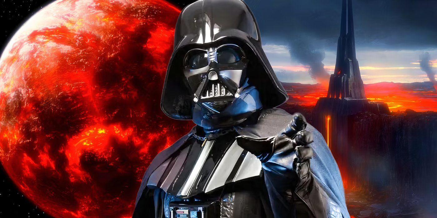 Darth Vader in front of Mustafar and his castle in Star Wars.