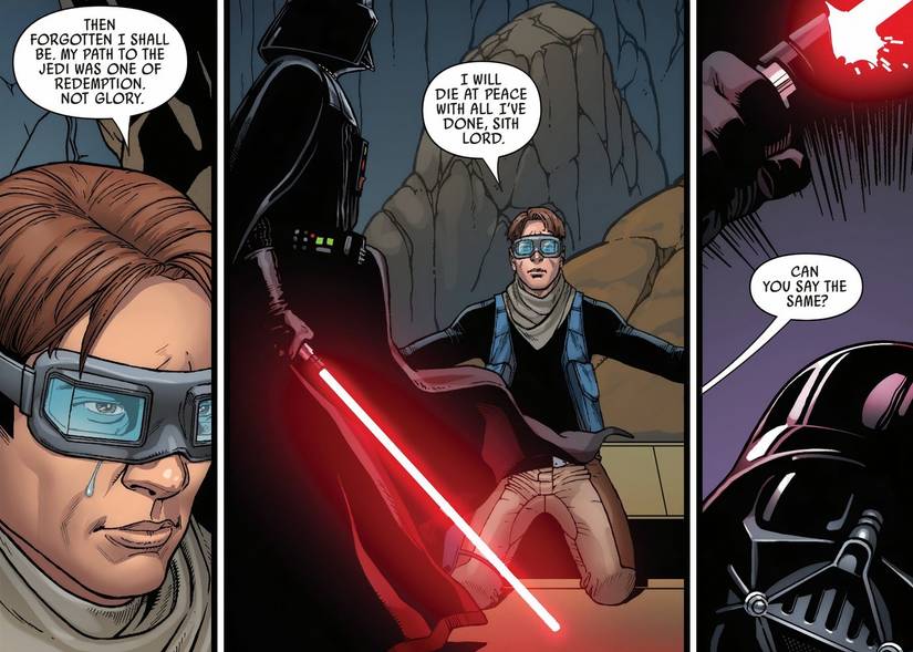 Darth Vader matando o Jedi Tensu corre com seu sabre de luz vermelho.