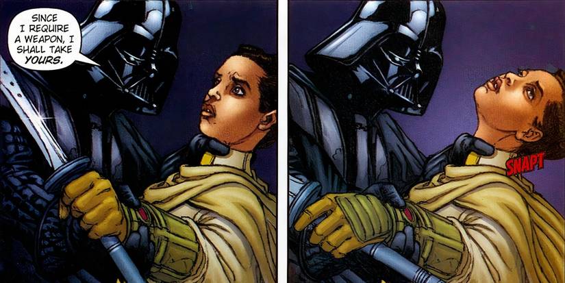 Darth Vader estalando o pescoço de um Jedi tentando esfaqueá -lo com uma espada.