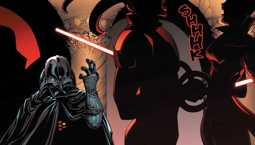 Darth Vader usando a força para fazer dois inquisidores se esfaquearem com seus sabres de luz.