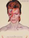 The album art for David Bowie's Aladdin Sane. It shows Bowie with a red and blue lightning bolt painted on his face.