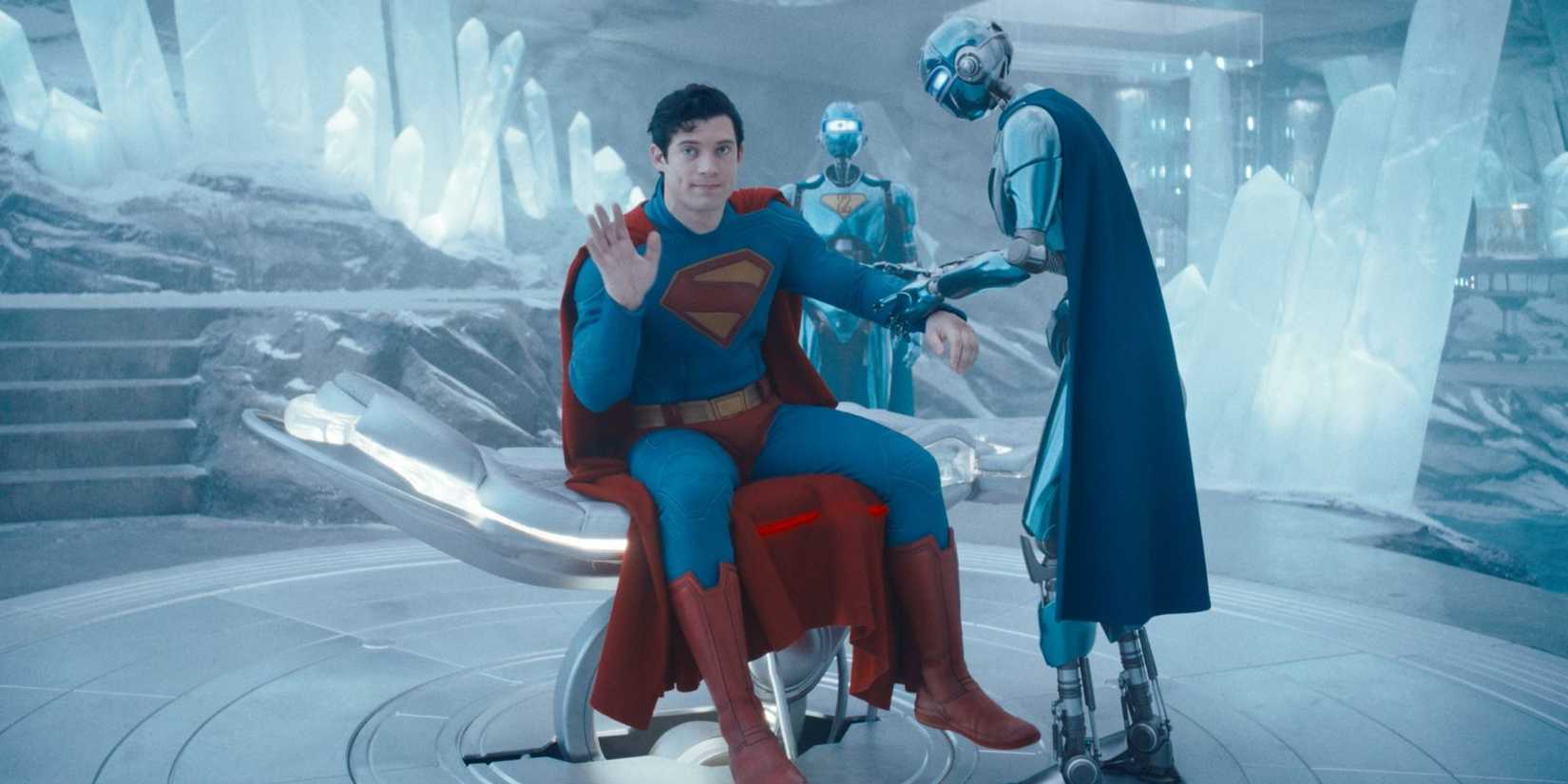 David Corenswet's Superman waving at his cousin in the Fortress of Solitude in Superman (2025)