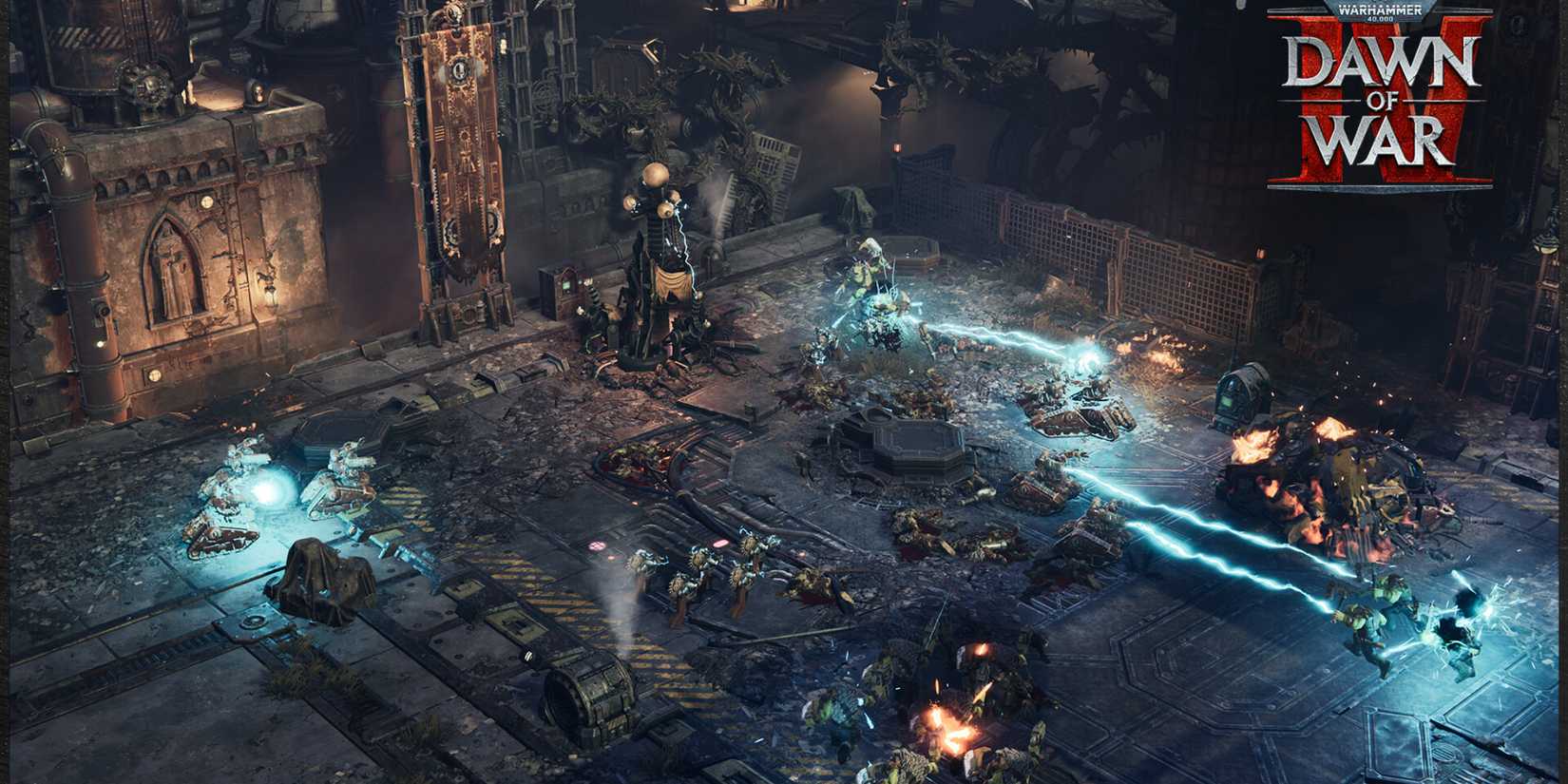 A group of Orcs fighting Adeptus Mechanicus in Dawn of War 4.