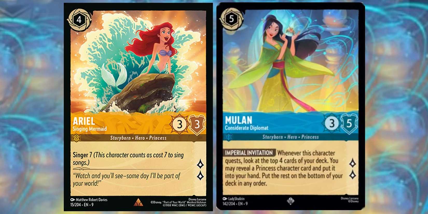 Disney Lorcana Fabled Ariel and Mulan cards