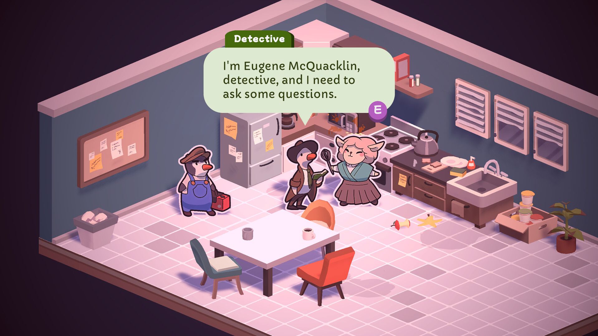 Duck Detective screenshot of Eugene introducing himself in an office