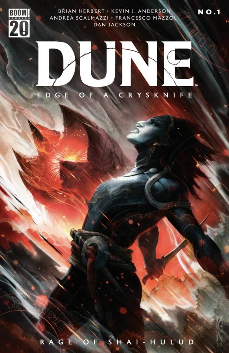Dune comic cover, Shadout Mapes bearing herself to the sky as a sandworm emerges behind her