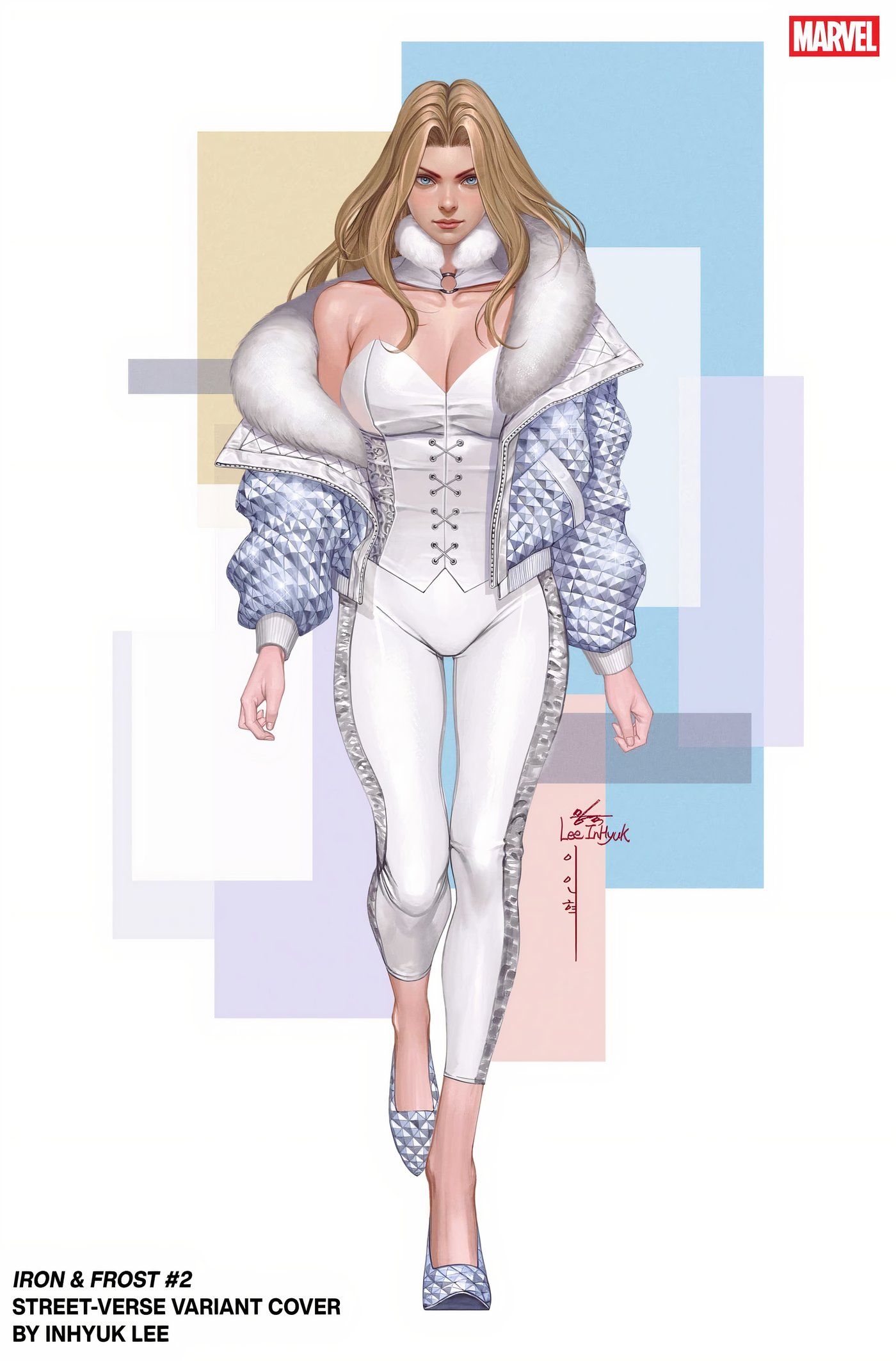 Emma Frost in street clothes that are inspired by her regular white costume