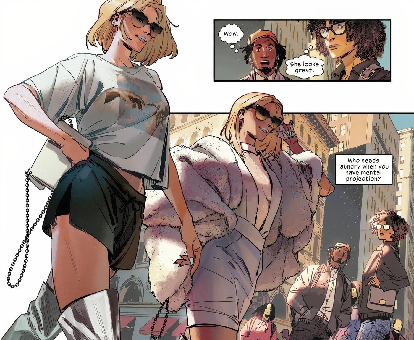 Emma Frost using telepathy to make herself look better to others