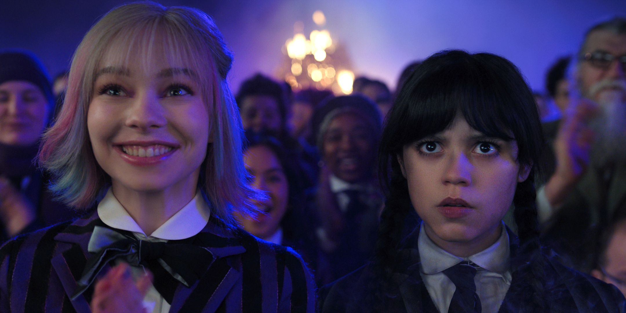Emma Myers as Enid Sinclair, Jenna Ortega as Wednesday Addams in episode 1 of Wednesday season 2