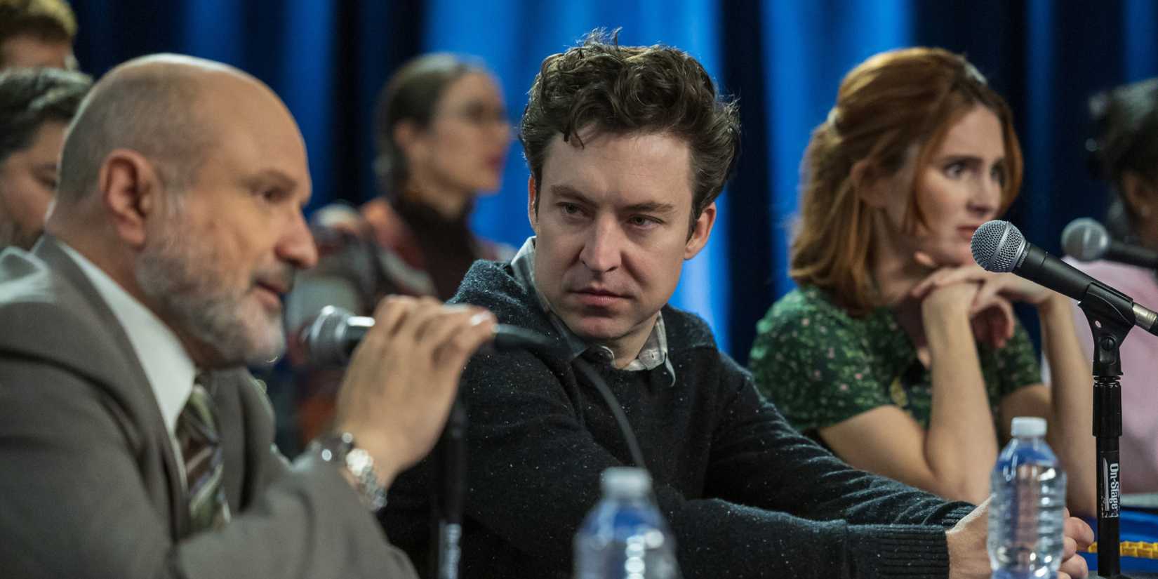 Enrico Colantoni, Brian Jordan Alvarez, and Stephanie Koenig speaking at a conference in English Teacher season 1 episode 8