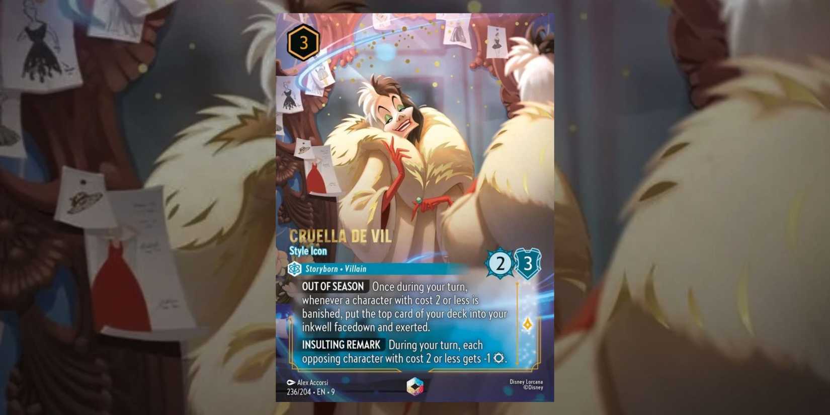 Fabled set from Disney Lorcana with the enchanted card for Cruella in the middle