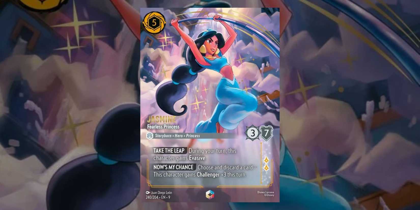 Fabled set from Disney Lorcana with the enchanted card for Jasmine in the middle