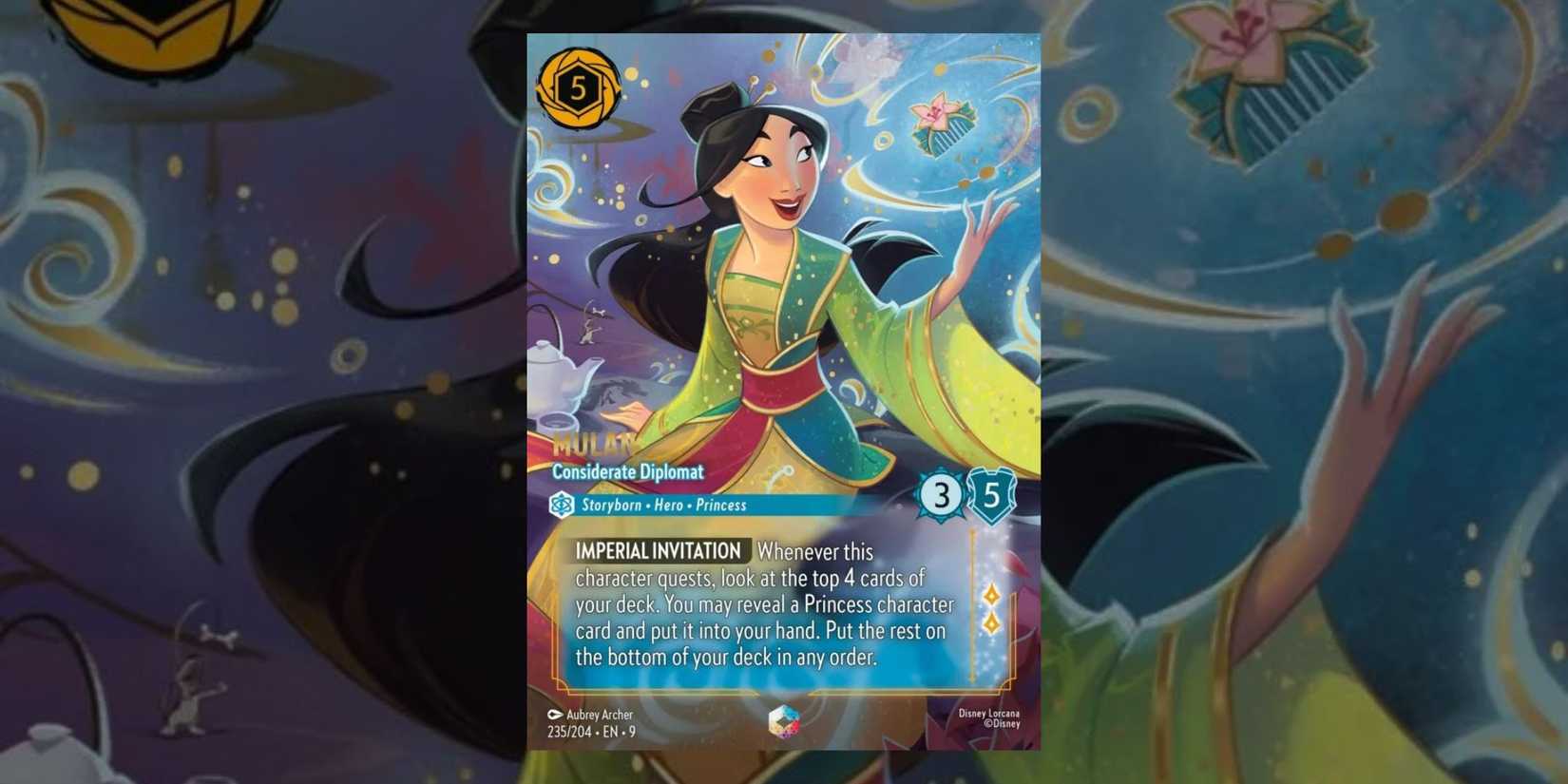 Fabled set from Disney Lorcana with the enchanted card for Mulan in the middle