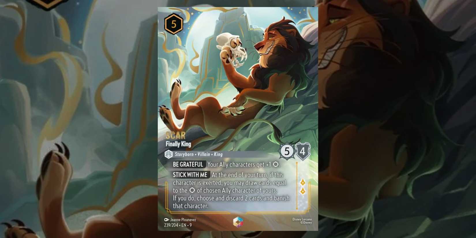 Fabled set from Disney Lorcana with the enchanted card for Scar in the middle