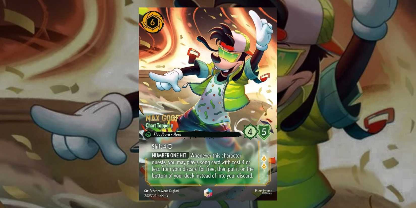 Fabled set from Disney Lorcana with the enchanted card Max Goof in the middle