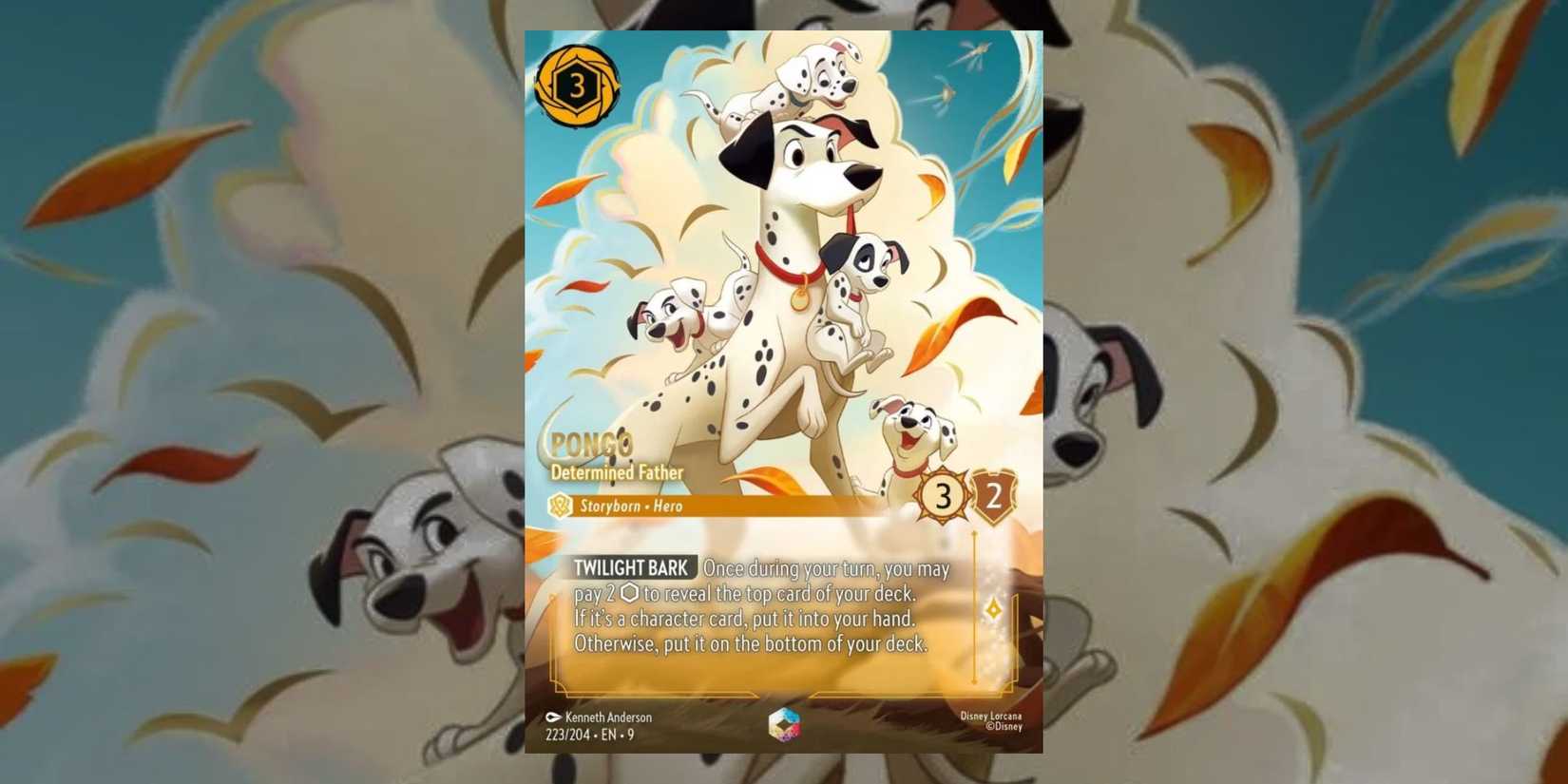 Fabled set from Disney Lorcana with the enchanted card Pongo in the middle