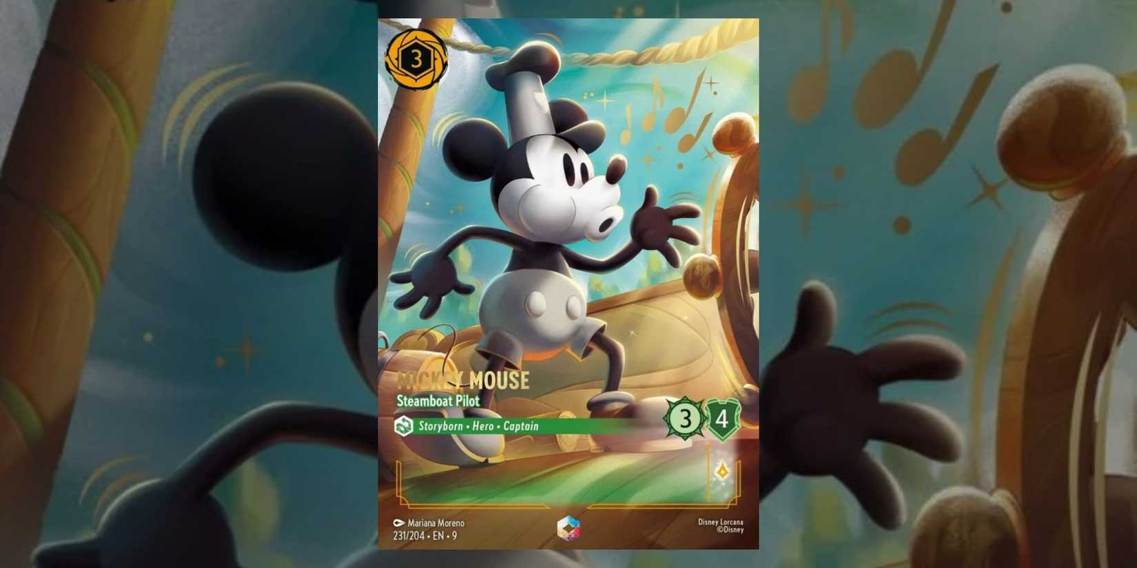 Fabled set from Disney Lorcana with the enchanted card Steamboat Mickey in the middle