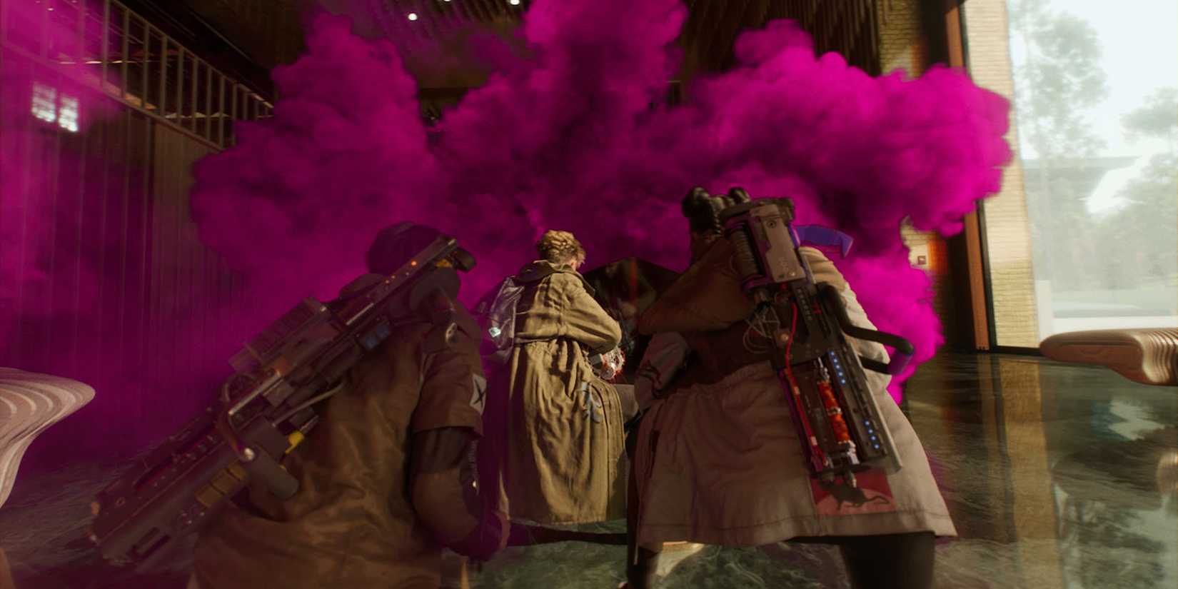 A group of characters looking at pink smoke in Fairgames.