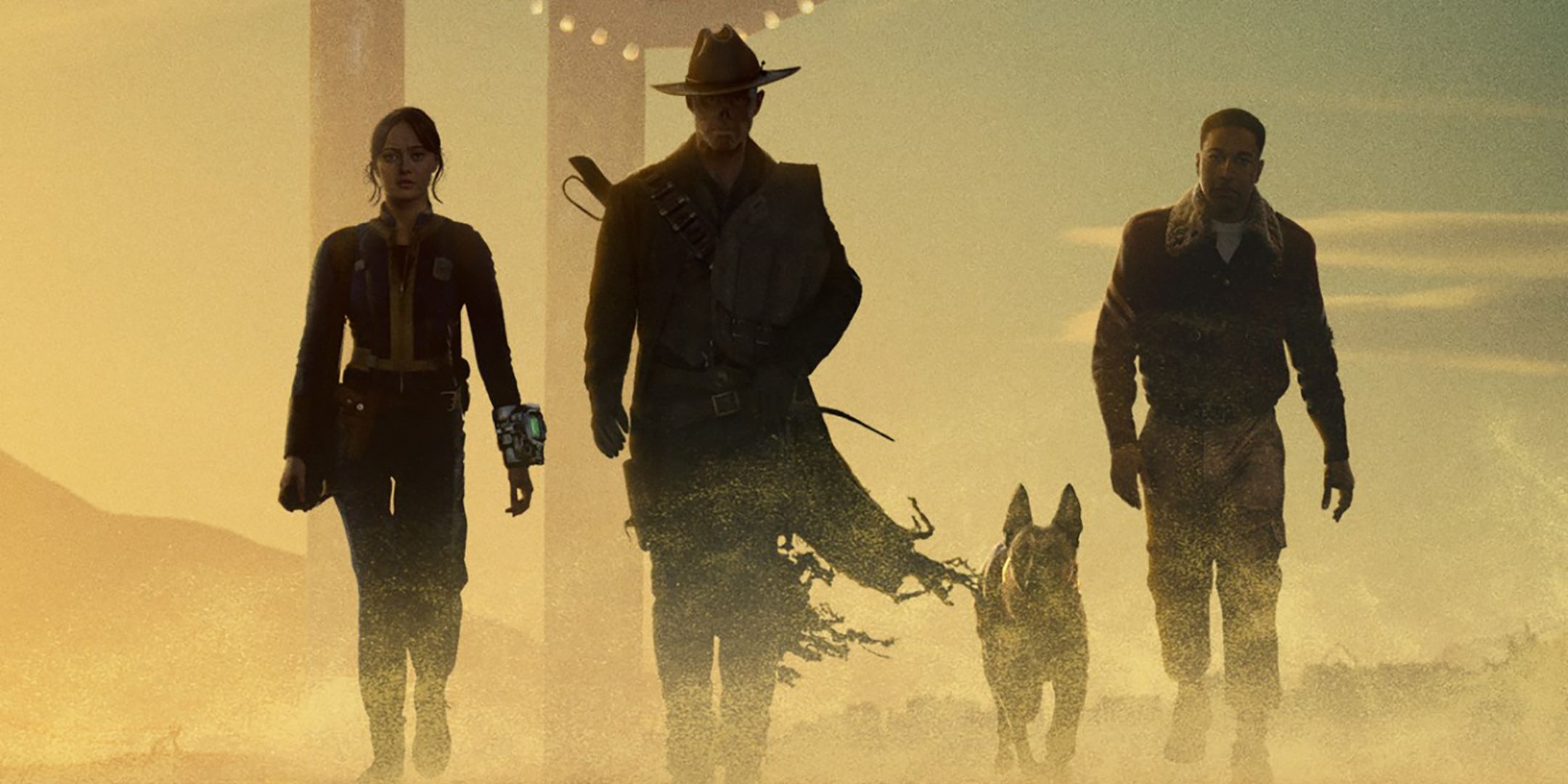 Lucy, The Ghoul, Dogmeat and Maximus walking next to each other in Fallout season 2