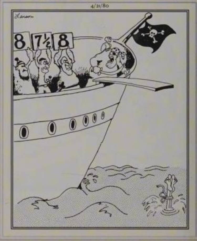 Far Side, 21 de abril de 1980, os piratas classificam o cativo de sua prancha