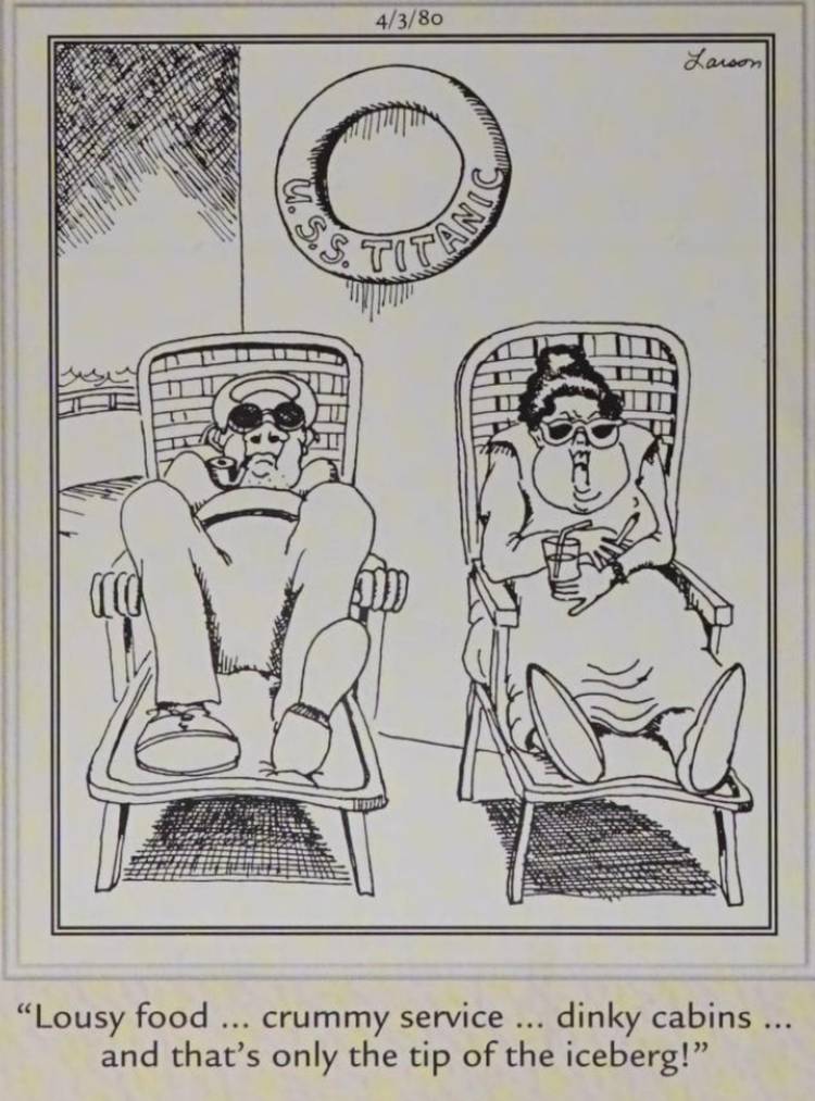 Far Side, 3 de abril de 1980, convidados no Titanic Reclameing
