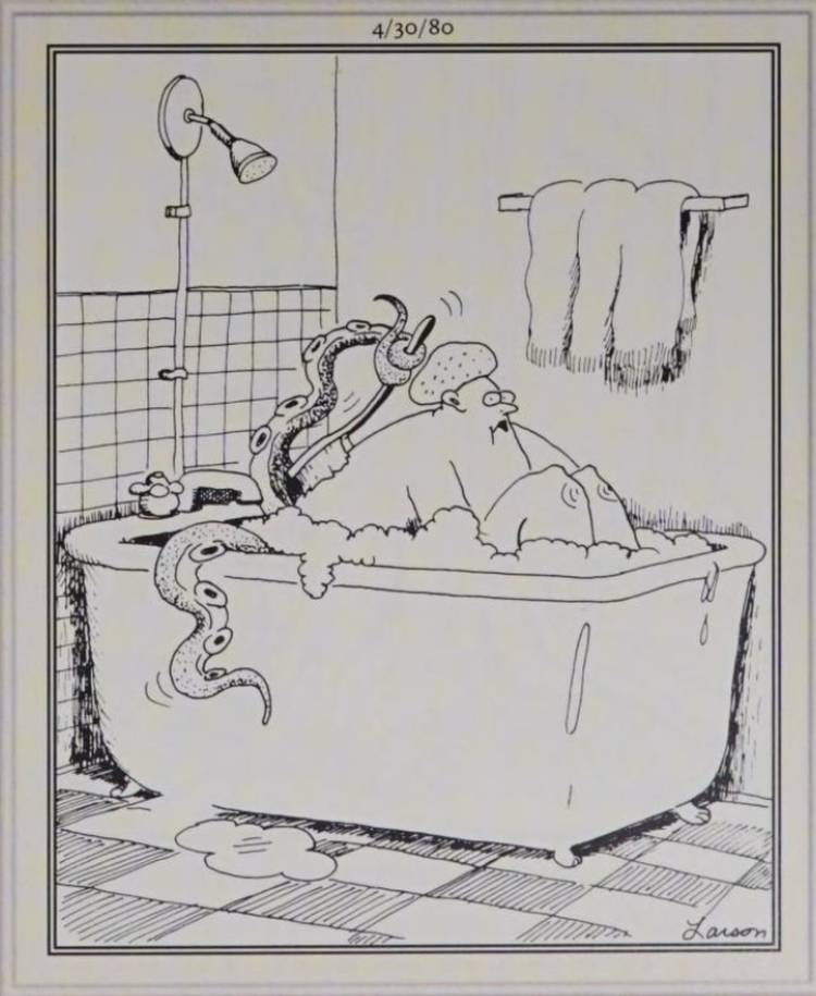 Far Side, 30 de abril de 1980, um monstro de tentáculos lava as costas de uma mulher na banheira