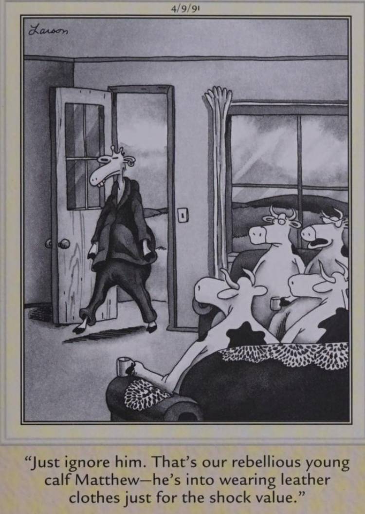 Far Side, April 9, 1991, a cow wearing leather clothes