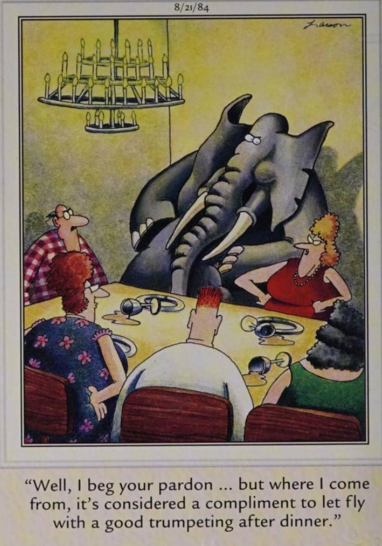 Far Side, August 21, 1984, an elephant makes a faux pas at a dinner party