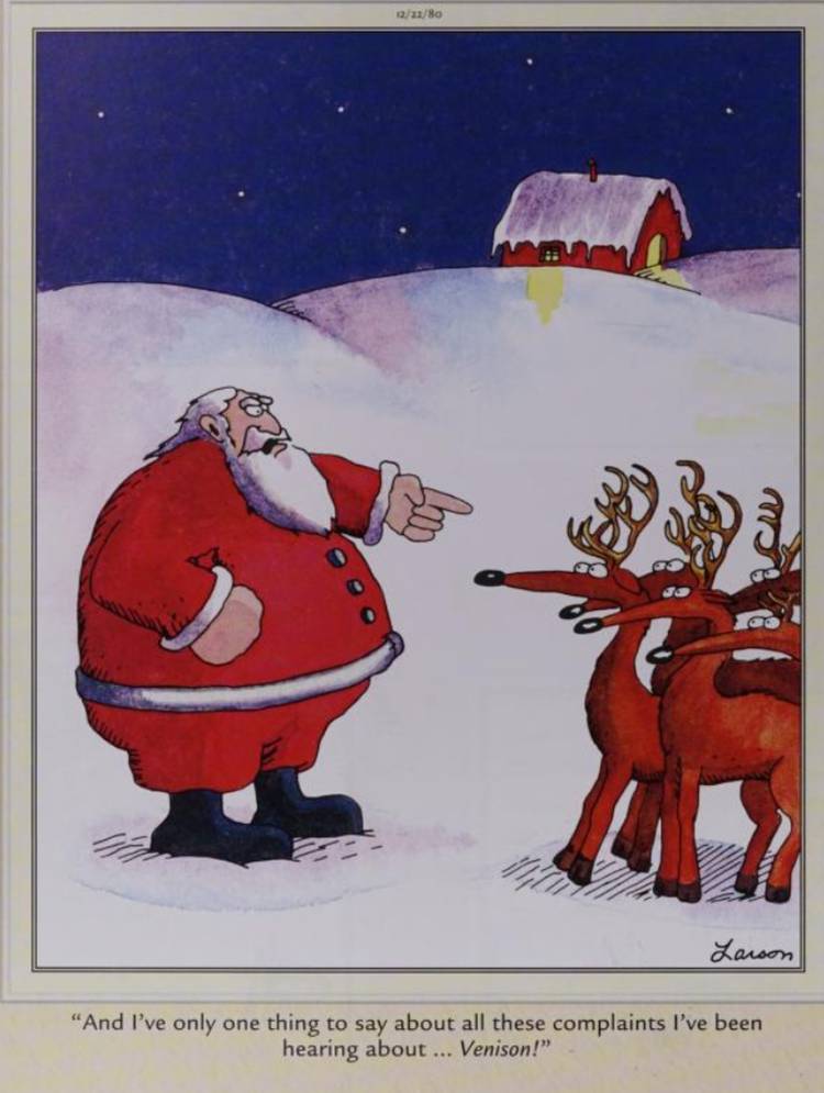 Far Side, December 22, 1980, Santa threatens to make venison out of his raindeer