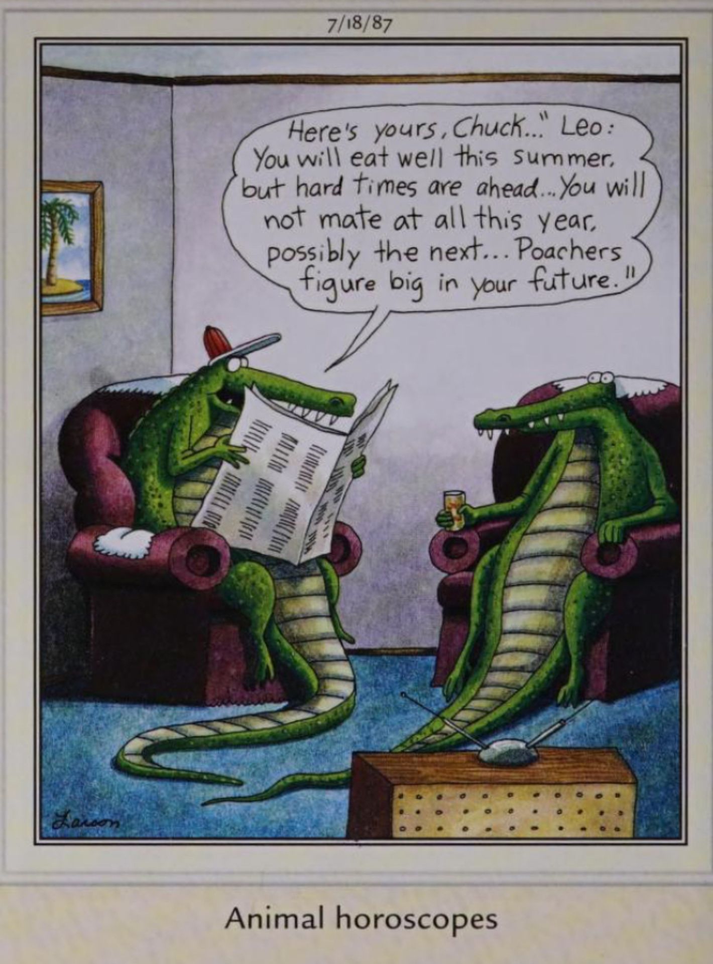 Far Side, July 18, 1987, un alligatore ascolta il suo oroscopo