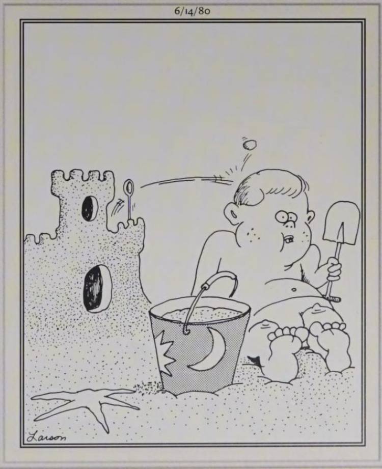 Far Side, 14 de junho de 1980, um castelo de areia catapulta uma pedra na cabeça de uma criança