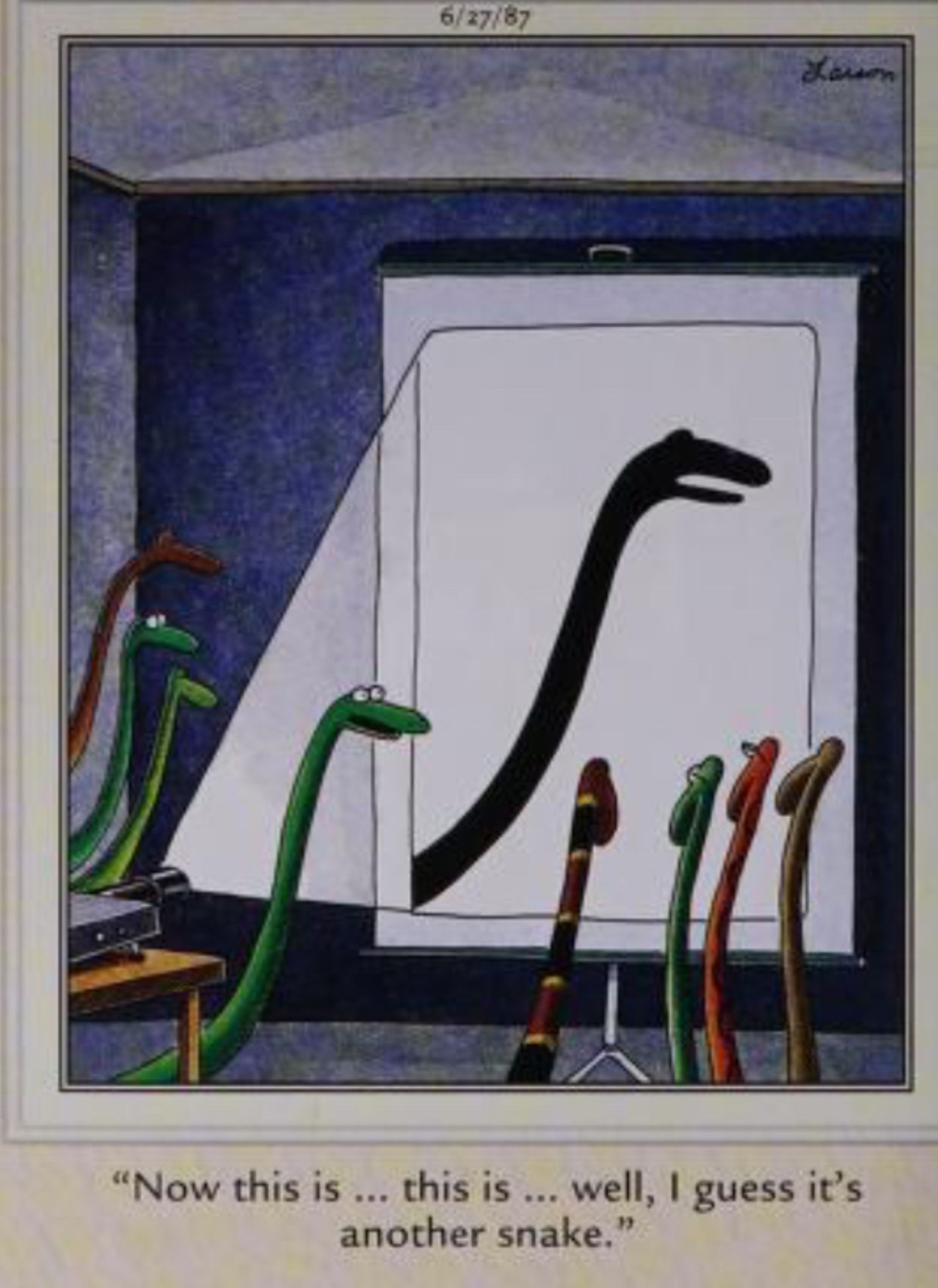 Far Side, June 27, 1987, un serpente davanti al proiettore